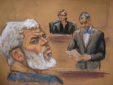 Courtroom deputy Joseph Pecorino (R) reads the verdict alongside Judge Katherine Forrest (background) and Abu Hamza al-Masri (L), the radical Islamist cleric facing U.S. terrorism charges, in this artist's sketch in New York