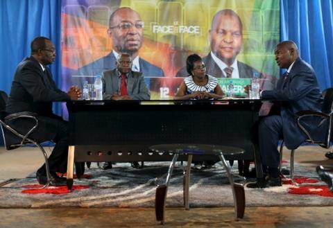 Presidential candidates Faustin-Archange Touadera (right) and Anicet-Georges Dologuele (left) face each other during a live television debate ahead of Sunday's second round election, in Bangui, Central African Republic, February 12, 2016. PHOTO BY REUTERS/Siegfried Modola