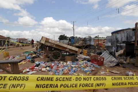 Items are scattered on the ground at the scene of a bomb blast at Kuje market in Abuja, Nigeria, in a file photo. PHOTO BY REUTERS/Afolabi Sotunde