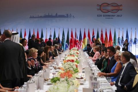 Delegates attend the official dinner at the Elbphilharmonie Concert Hall during the G20 summit in Hamburg, Germany, July 7, 2017. PHOTO BY REUTERS/Kay Nietfeld