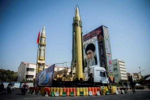 A display featuring missiles and a portrait of Iran's Supreme Leader Ayatollah Ali Khamenei is seen at Baharestan Square in Tehran, Iran, September 27, 2017. PHOTO BY REUTERS/Nazanin Tabatabaee Yazdi/TIMA