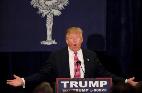 Republican U.S. presidential candidate Donald Trump speaks at a campaign town hall meeting in Mount Pleasant, South Carolina, February 15, 2016. PHOTO BY REUTERS/Randall Hill