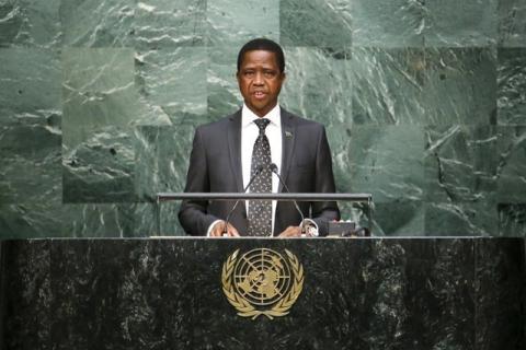 Zambian President Edgar Lungu speaks before attendees during the 70th session of the United Nations General Assembly at the U.N. Headquarters in New York, September 29, 2015. PHOTO BY REUTERS/Eduardo Munoz