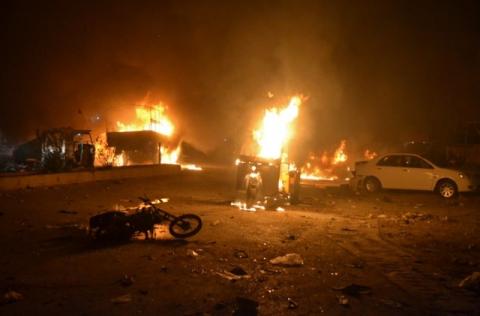 Vehicles are seen burning after a bomb blast in Quetta, Pakistan, August 12, 2017. PHOTO BY REUTERS/Naseer Ahmed
