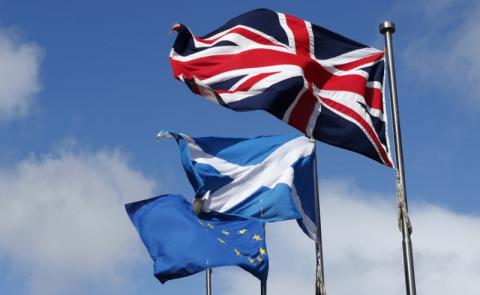 The Union flag,The Scottish Saltire and The European flag fly at the Scottish Parliament in Edinburgh Scotland, Britain, March 21, 2017. PHOTO BY REUTERS/Russell Cheyne