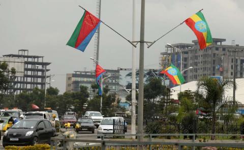 Ethiopia's and Eritrea's flags are displayed on the street ahead of Eritrea's President Isaias Afwerki's visit to Addis Ababa, Ethiopia, July 13, 2018. PHOTO BY REUTERS/Tiksa Negeri