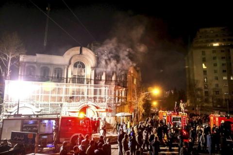 Flames rise from Saudi Arabia's embassy during a demonstration in Tehran, January 2, 2016. PHOTO BY REUTERS/TIMA/Mehdi Ghasemi
