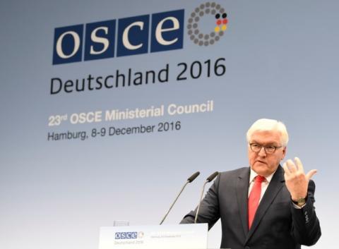 German Foreign Minister Frank-Walter Steinmeier and his Austrian counterpart Sebastian Kurz (not pictured) address media at the 23rd OSCE Ministerial Council organized by Germany's OSCE Chairmanship in Hamburg, Germany, December 9, 2016. PHOTO BY REUTERS/Fabian Bimmer