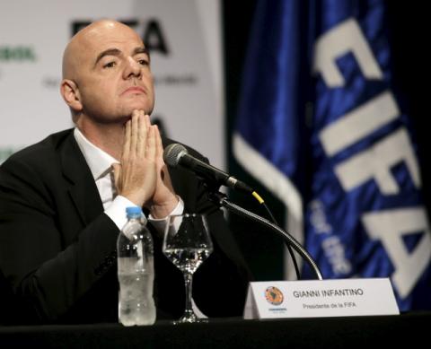 FIFA President Gianni Infantino gestures during a news conference at the South American Football Confderation (CONMEBOL) headquarters in Luque, Paraguay, March 28, 2016. PHOTO BY REUTERS/Jorge Adorno