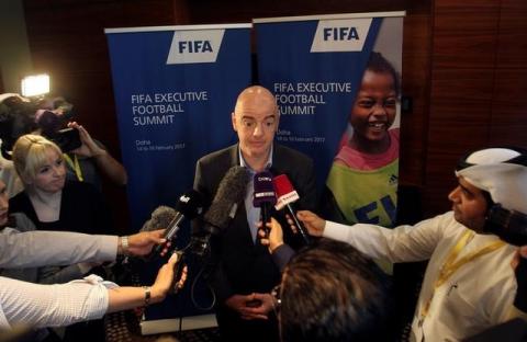 FIFA President Gianni Infantino speaks to the media in Doha, Qatar, February 16, 2017. PHOTO BY REUTERS/Naseem Zeitoon
