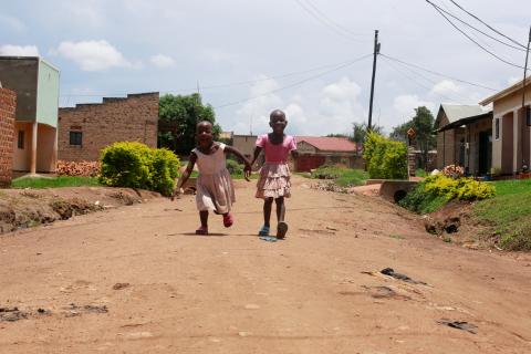 Twin sisters Nakato Rahian and Babirye Sumayia, who were kidnapped and later rescued by Uganda police, play near their home in Luwero town, north of Kampala, Uganda, April 6, 2018. PHOTO BY REUTERS/James Akena