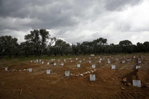 Graves of unidentified refugees and migrants who drowned at sea during an attempt to cross a part of the Aegean Sea from the Turkish coast are at a cemetery near the village Kato Tritos on the Greek island of Lesbos, February 4, 2016. PHOTO BY REUTERS/Giorgos Moutafis