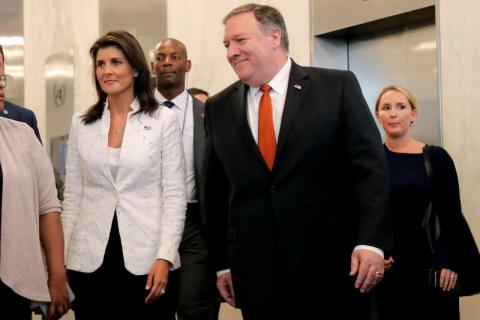 U.S. Secretary of State Mike Pompeo and U.S. Ambassador to the United Nations Nikki Haley walk together to a press briefing at U.N. headquarters in New York City, New York, U.S., July 20, 2018. PHOTO BY REUTERS/Brendan McDermid
