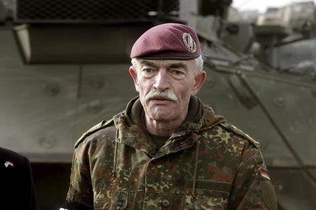 Commander Joint Force Command Brunssum General Hans-Lothar Domrose speaks to media during the U.S. Army 2nd Cavalry Regiment deployment in Estonia as a part of the U.S. military's Operation Atlantic Resolve, "Dragoon Ride" exercise stop in Riga, March 22, 2015. PHOTO BY REUTERS/Ints Kalnins