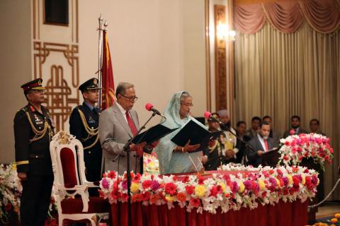 President Abdul Hamid (L) administers Prime Minister Sheikh Hasina's oath taking ceremony as the country's Prime Minister in Dhaka, Bangladesh, January 7, 2019. PHOTO BY REUTERS/Mohammad Ponir Hossain