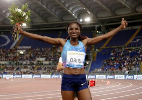 Hellen Obiri of Kenya celebrates. Athletics at the IAAF Athletics Diamond League meeting in Women's 5000m final at the Olympic Stadium, Rome, Italy June 8, 2017. PHOTO BY REUTERS/Max Rossi