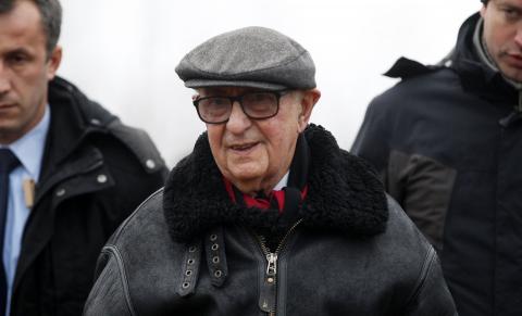 President of the International Criminal Tribunal for the former Yugoslavia (ICTY) Theodor Meron (C) visits the Tomasica mass grave near Prijedor