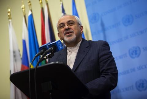 Iran's Foreign Minister Mohammad Javad Zarif speaks to the media