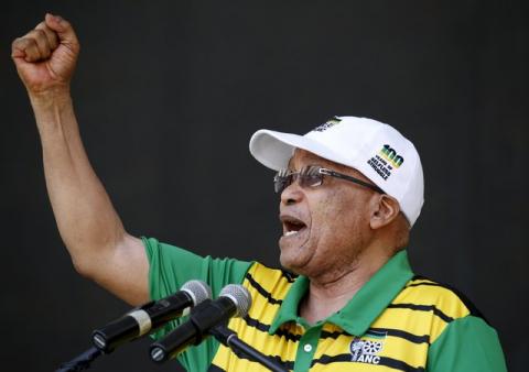 South African President Jacob Zuma addresses supporters of his ruling African National Congress (ANC), at a rally to launch the ANC's local government election manifesto in Port Elizabeth, April 16, 2016. PHOTO BY REUTERS/Mike Hutchings
