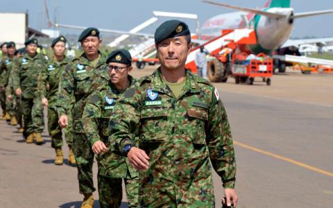 Japanese peacekeepers arrive at the Juba airport to participate in the United Nations Mission in South Sudan (UNMISS) in South Sudan's capital Juba, November 21, 2016. PHOTO BY REUTERS/Stringer