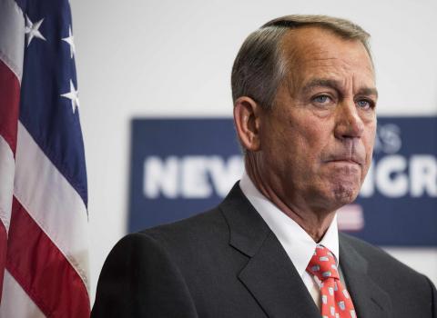 Speaker of the House John Boehner (R-OH) listens as his fellow Republicans speak to the media after a conference meeting with House Republicans on Capitol Hill in Washington, January 21, 2015. PHOTO BY REUTERS/Joshua Roberts