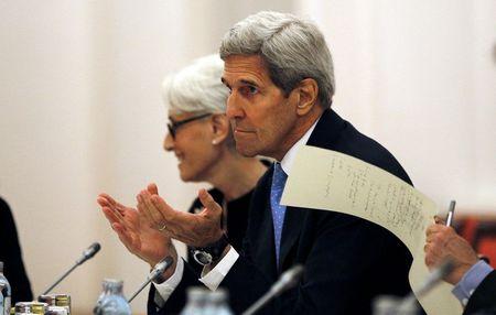 U.S. Secretary of State John Kerry meets with foreign ministers and representatives from Germany, France, China, Britain, Russia and the European Union during nuclear talks at a hotel in Vienna, Austria, July 10, 2015. PHOTO BY REUTERS/Carlos Barria