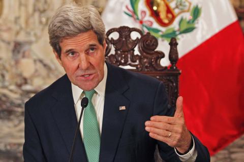 U.S. Secretary of State John Kerry speaks during a meeting with Peru's President Ollanta Humala (unseen) at the Government Palace in Lima, December 11, 2014. PHOTO BY REUTERS/Enrique Castro-Mendivil