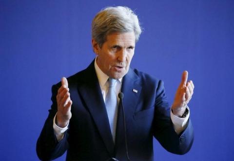 U.S. Secretary of State John Kerry attends a news conference after meeting over the crisis in the Mideast, at the Quai d'Orsay ministry in Paris, France, March 13, 2016. PHOTO BY REUTERS/Gonzalo Fuentes