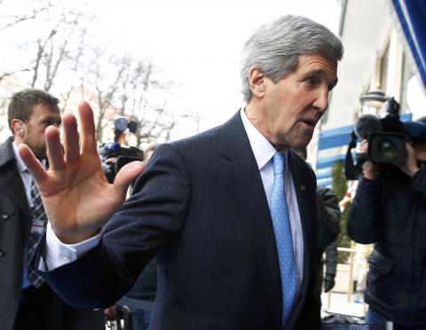 U.S. Secretary of State John Kerry arrives at 'Bayerischer Hof' hotel before the start of the 51st Munich Security Conference in Munich, February 6, 2015. PHOTO BY REUTERS/Michael Dalder