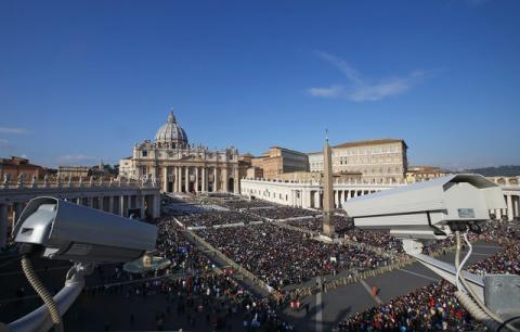 Surveillance cameras monitor Saint Peter's Square as Pope Francis leads a mass to mark the closing of the Catholic Jubilee Year of Mercy at the Vatican, November 20, 2016. PHOTO BY REUTERS/Stefano Rellandini