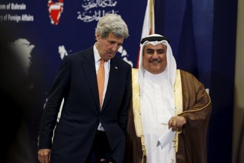Bahrain's Foreign Minister Sheikh Khalid bin Ahmed al-Khalifa (R) and U.S. Secretary of State John Kerry (L) leave after speaking to reporters ahead of the Gulf Cooperation Council (GCC) Ministerial meeting in Manama, Bahrain, April 7, 2016. PHOTO BY REUTERS/Hamad I Mohammed