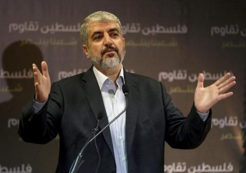 Hamas leader Khaled Meshaal talks during a news conference in Doha