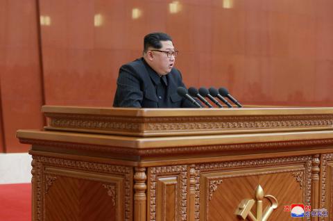 North Korean leader Kim Jong Un speaks during the Third Plenary Meeting of the Seventh Central Committee of the Workers' Party of Korea (WPK), in this photo released by North Korea's Korean Central News Agency (KCNA) in Pyongyang on April 20, 2018. PHOTO BY REUTERS/KCNA