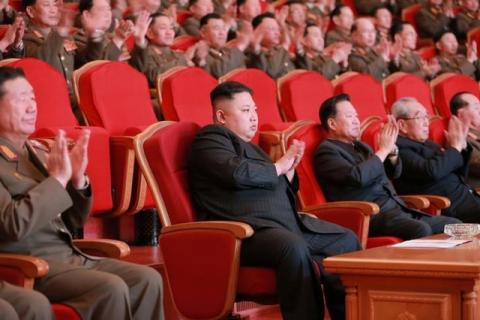 North Korean leader Kim Jong Un watches a performance given with splendor at the People's Theatre on Wednesday to mark the 70th anniversary of the founding of the State Merited Chorus in this photo released by North Korea's Korean Central News Agency (KCNA) in Pyongyang on February 23, 2017. PHOTO BY REUTERS/KCNA