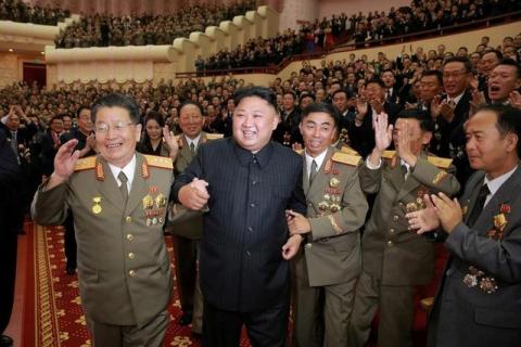 North Korean leader Kim Jong Un reacts during a celebration for nuclear scientists and engineers who contributed to a hydrogen bomb test, in this undated photo released by North Korea's Korean Central News Agency (KCNA) in Pyongyang on September 10, 2017. PHOTO BY REUTERS/KCNA