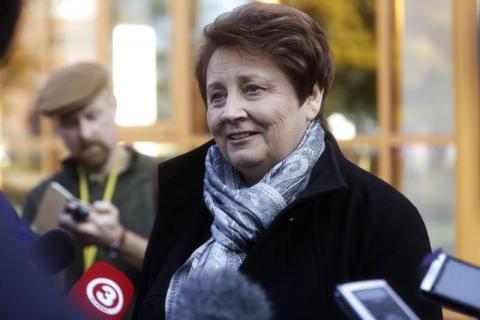 Latvia's Prime Minister Laimdota Straujuma speaks to media after casting her ballot during parliamentary elections in Jaunmarupe, October 4, 2014. PHOTO BY REUTERS/Ints Kalnins