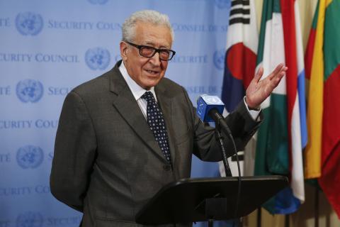 UN-Arab League Envoy to Syria Lakhdar Brahimi speaks to the media after Security Council consultations at the United Nations headquarters in New York