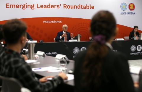 Australian Prime Minister Malcolm Turnbull reacts as he speaks to delegates during the opening remarks for an Emerging Leaders roundtable during the one-off summit of 10-member Association of Southeast Asian Nations (ASEAN) in Sydney, Australia, March 16, 2018. PHOTO BY REUTERS/Rick Rycroft