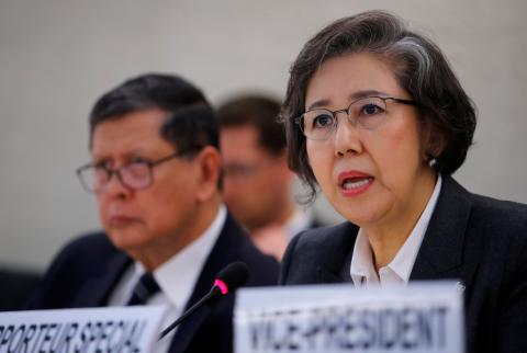 Special Rapporteur on the situation of human rights in Myanmar, Yanghee Lee (R) gives her report next to the Chairperson of the Fact-Finding Mission on Myanmar Marzuki Darusman, during the Human Rights Council at the United Nations in Geneva, Switzerland, March 12, 2018. PHOTO BY REUTERS/Denis Balibouse