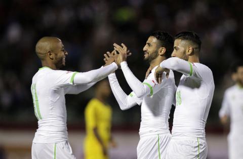 Algeria's Riyad Mahrez (C) celebrates with teammates after scoring a goal against Ethiopia during their African Nations Cup qualifying soccer match at Tchaker Stadium in Blida November 15, 2014. REUTERS/Louafi Larbi