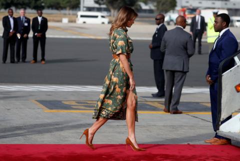 U.S. first lady Melania Trump boards an aircraft as she departs Nairobi, Kenya, October 6, 2018. PHOTO BY REUTERS/Carlo Allegri