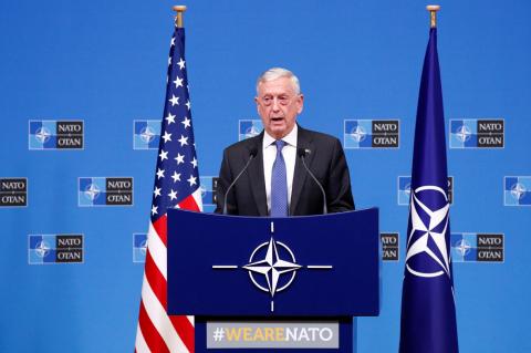 U.S. Secretary of Defense James Mattis speaks during a news conference after a NATO defence ministers meeting at the Alliance headquarters in Brussels, Belgium, October 4, 2018. PHOTO BY REUTERS/Francois Lenoir