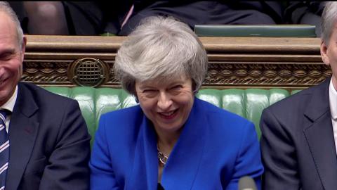 British Prime Minister Theresa May reacts as Jeremy Corbyn speaks, after she won a confidence vote, after Parliament rejected her Brexit deal, in London, Britain, January 16, 2019, in this screen grab taken from video. PHOTO BY REUTERS/Reuters TV 