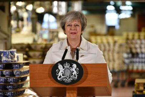 British Prime Minister Theresa May speaks during a visit to the Portmeirion factory in Stoke-on-Trent, Britain, January 14, 2019. PHOTO BY REUTERS/Ben Birchall/Pool 