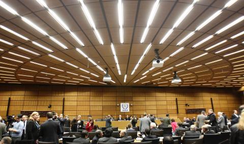 A general view of the meeting room before the start of a board of governors meeting at the IAEA headquarters in Vienna
