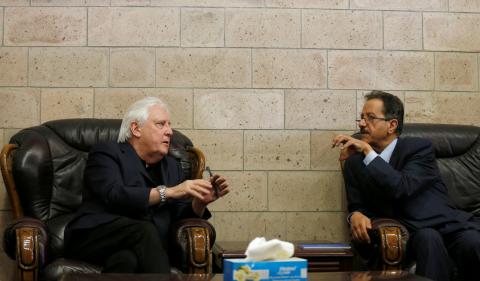 UN envoy to Yemen Martin Griffiths (L) talks with the undersecretary of Houthi-led government's foreign ministry, Faisal Abu-Rass upon his departure of Sanaa, Yemen, June 19, 2018. PHOTO BY REUTERS/Khaled Abdullah
