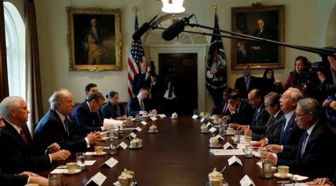 U.S. President Donald Trump meets with Malaysian Prime Minister Najib Razak (2nd R) in the Cabinet Room of the White House in Washington, U.S., September 12, 2017. PHOTO BY REUTERS/Kevin Lamarque