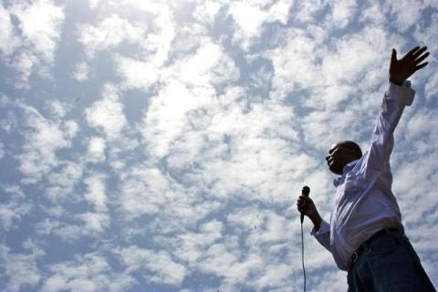 Merera Gudina, a leader of Ethiopia's biggest opposition coalition, Medrek, addresses supporters at a rally in the Oromia region. PHOTO BY REUTERS/Barry Malone