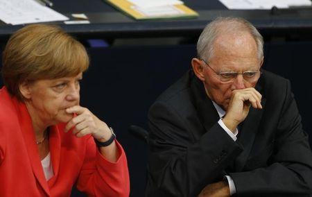 German Chancellor Angela Merkel and Finance Minister Wolfgang Schaeuble attend the session of Germany's parliament, the Bundestag, in Berlin, Germany, July 17, 2015. PHOTO BY REUTERS/Axel Schmidt