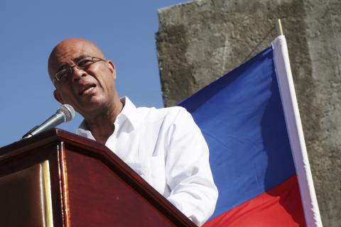 Haiti's President Michel Martelly addresses the audience during a memorial held for the victims of the 2010 earthquake in Titanyen, on the outskirts of Port-au-Prince, January 12, 2015. PHOTO BY REUTERS/Marie Arago